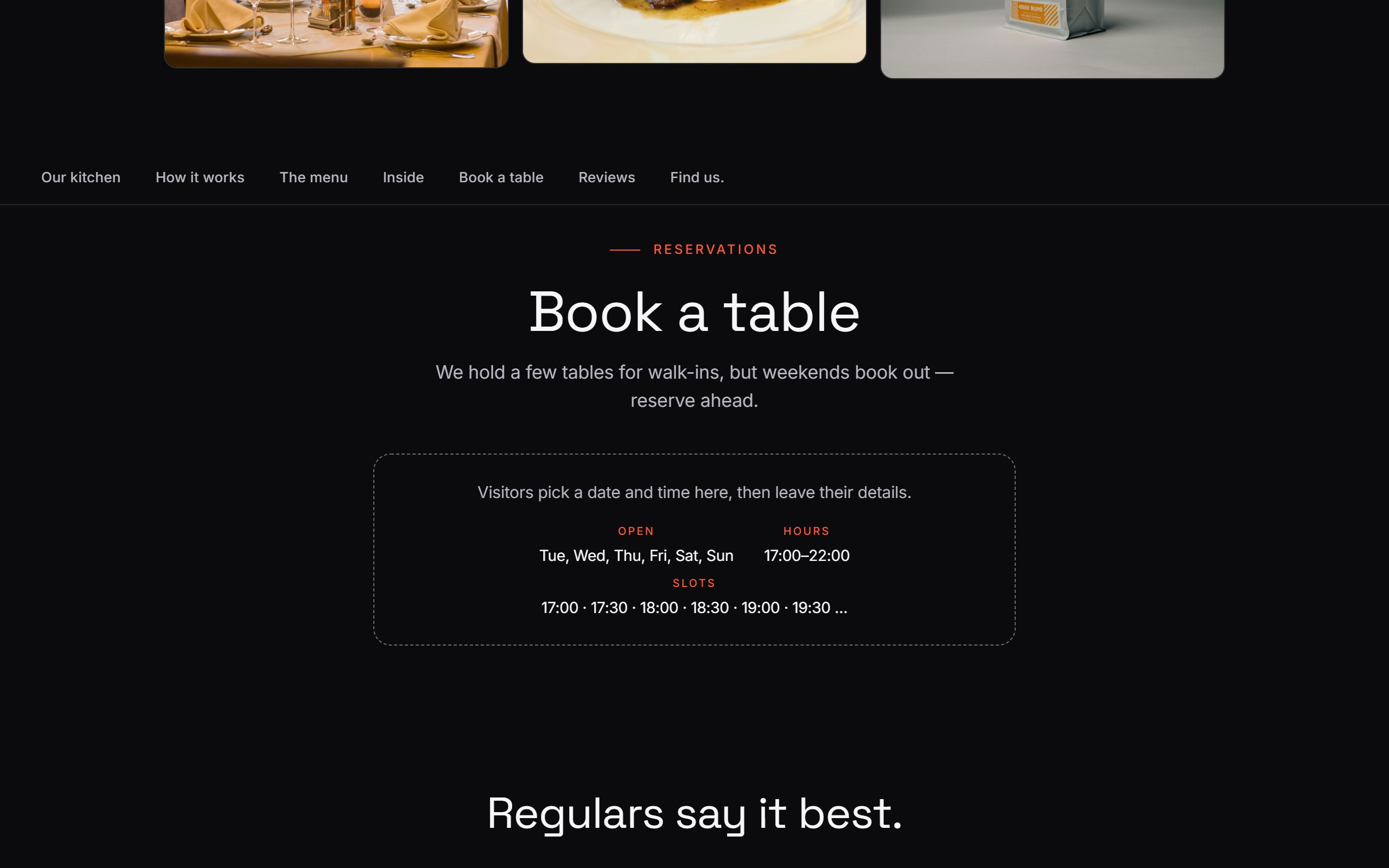 Real table-booking section from the Fiorella demo restaurant site