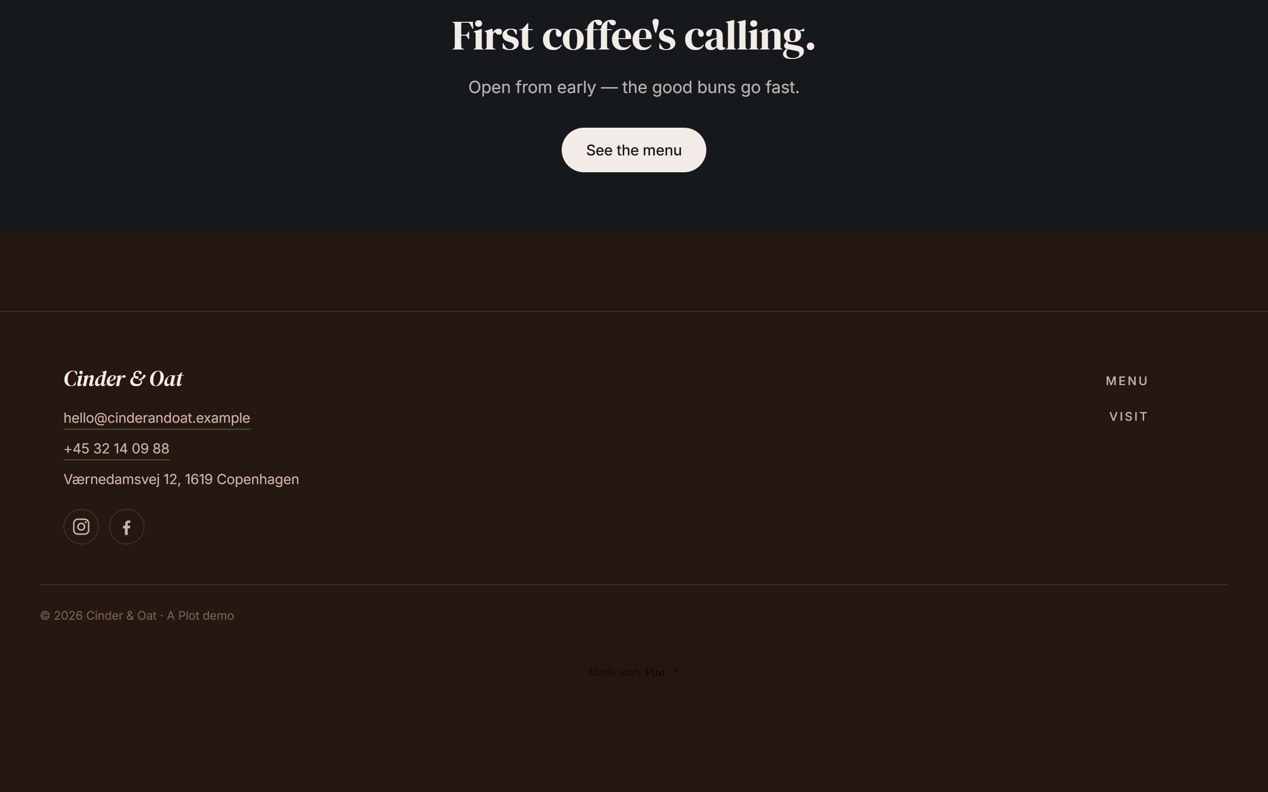 Real footer with contact details from the Cinder & Oat demo café site