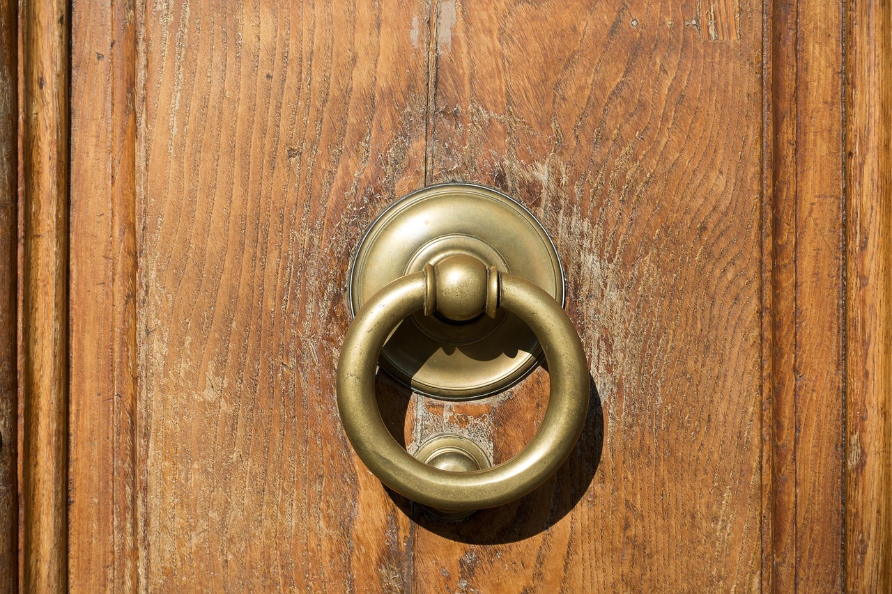 A brass ring knocker on an old oak door