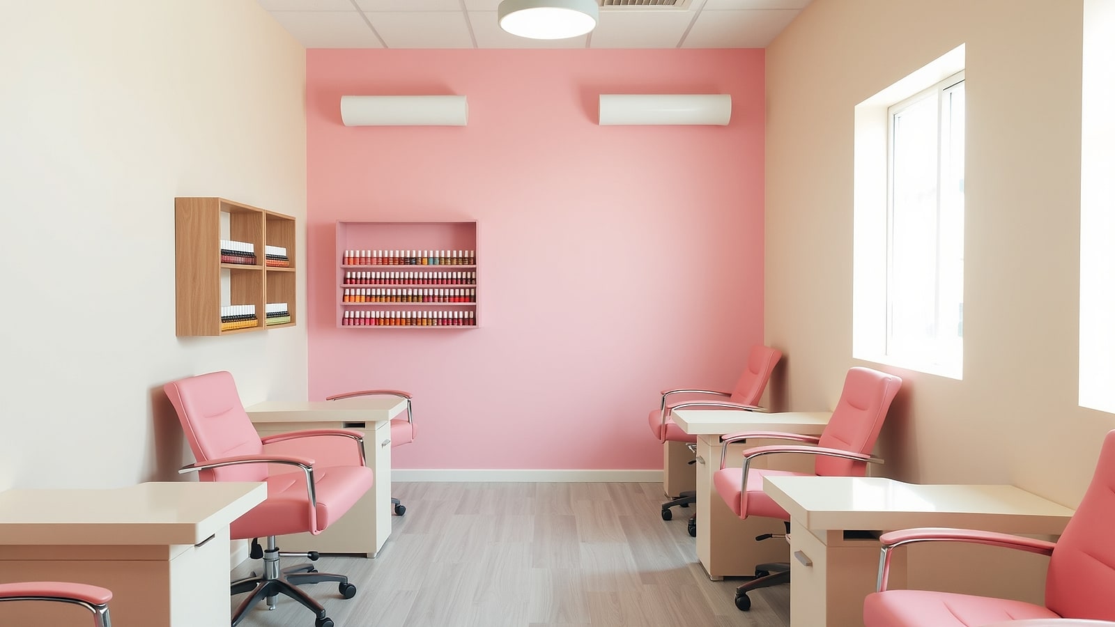 The studio floor — bubblegum-pink chairs at cream tables, polish wall in rainbow order, afternoon light