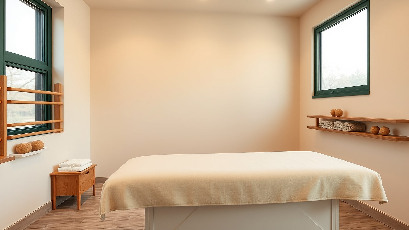 A warm treatment room — cream walls, oak table, afternoon light through an arched window