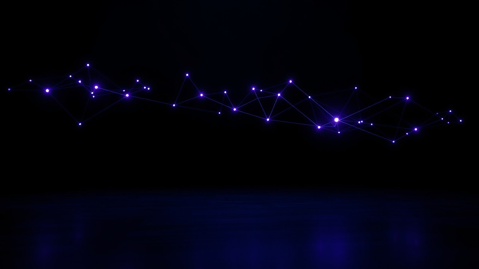 A glowing indigo network graph of connected nodes on black