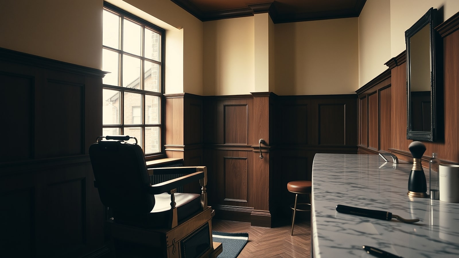 The parlour floor — oak chairs, brass fittings, morning light through the front glass