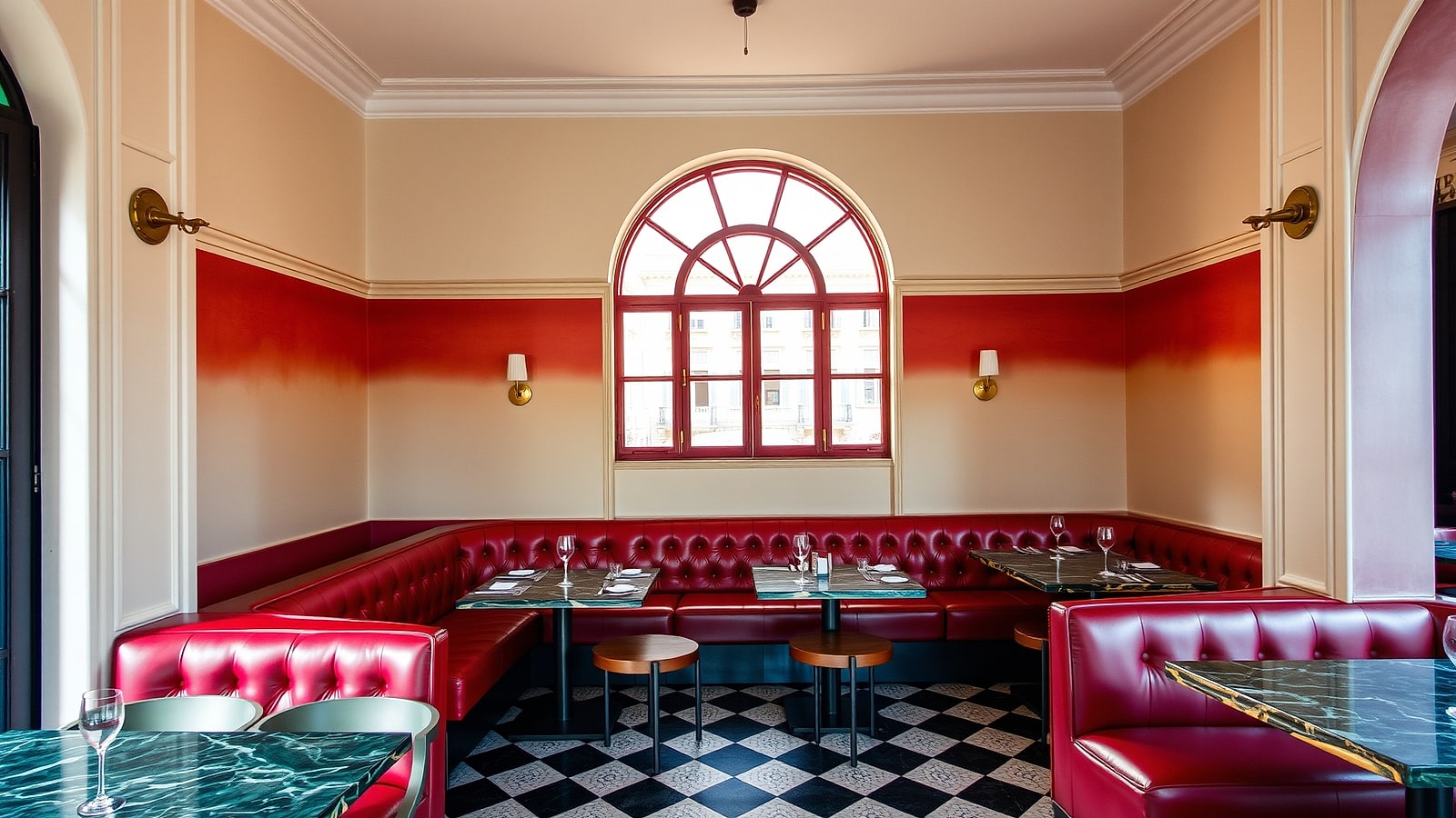 The dining room mid-service — long tables, checked cloths, everyone talking at once