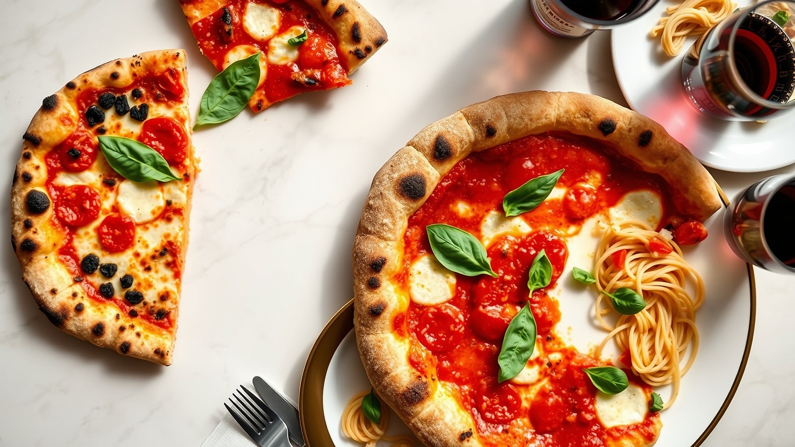 A blistered wood-fired pizza straight out of the oven, sauce still bubbling