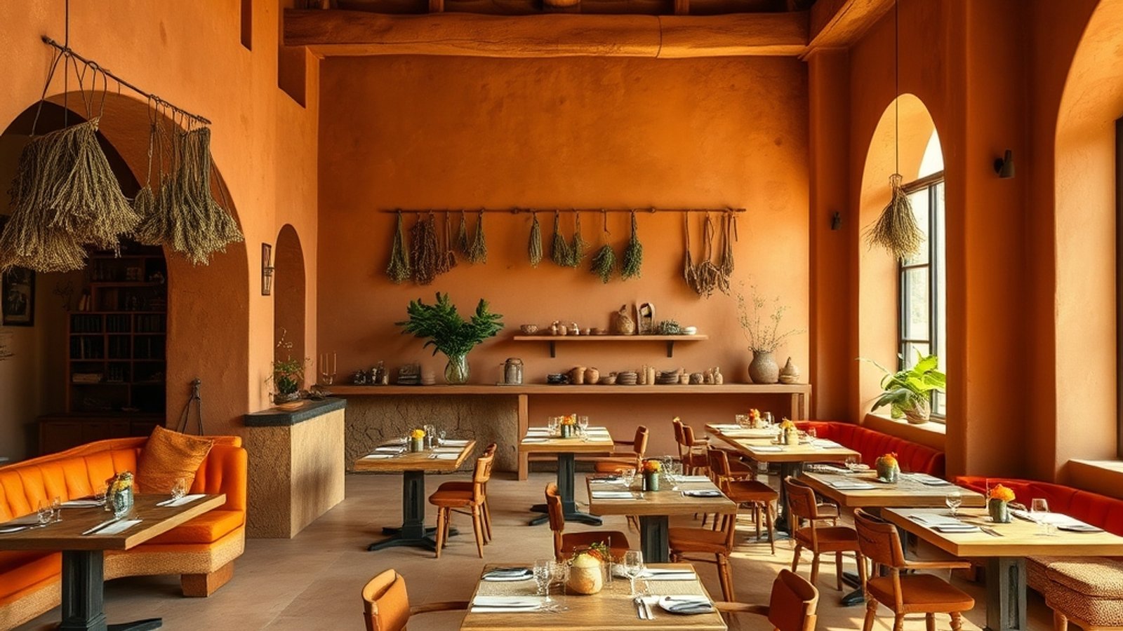 The dining room at Hearth & Vine, herbs drying over the tables