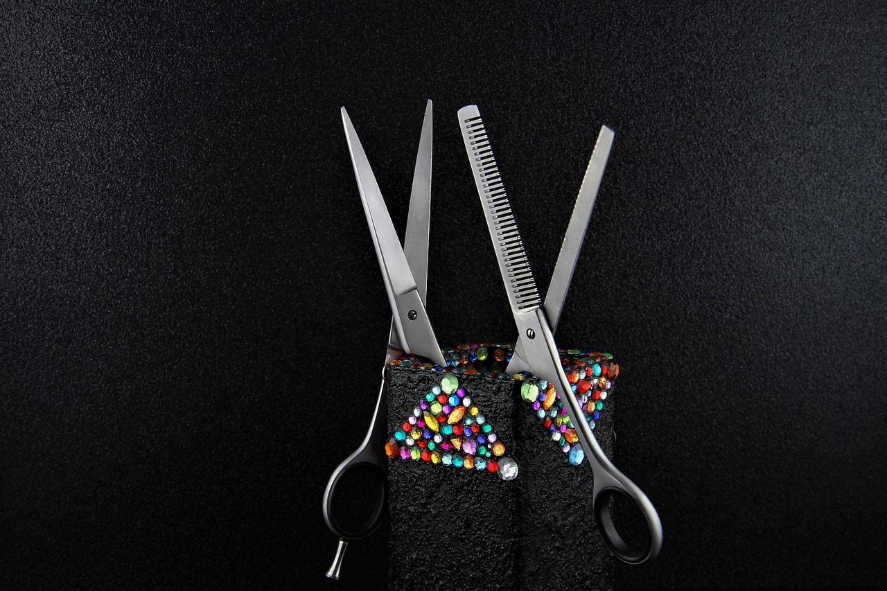 A pair of cutting and thinning shears standing in their holster against black