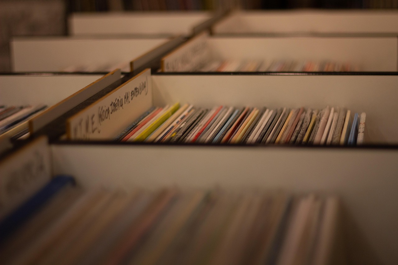Record crates with handwritten genre dividers in warm light